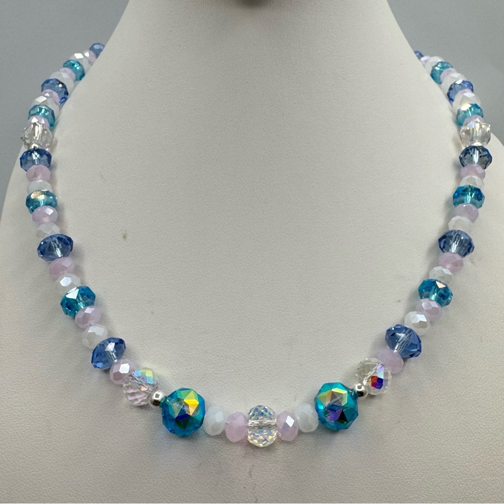 Handcrafted Faceted Crystal Glass Bead Necklace Blue Iridescent Statement